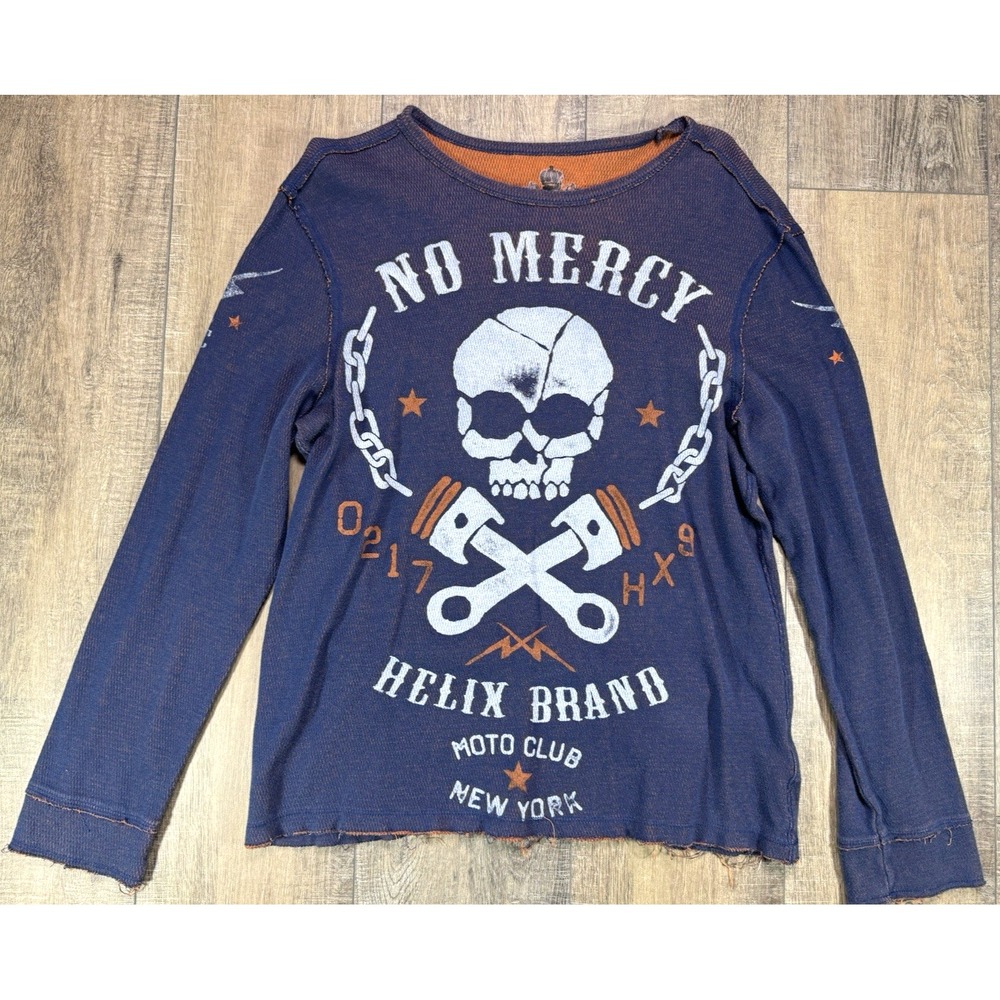 00s Helix Thermal Brand Moto Club NYC 52 Long Sleeve Shirt Mens Large Skull Vtg